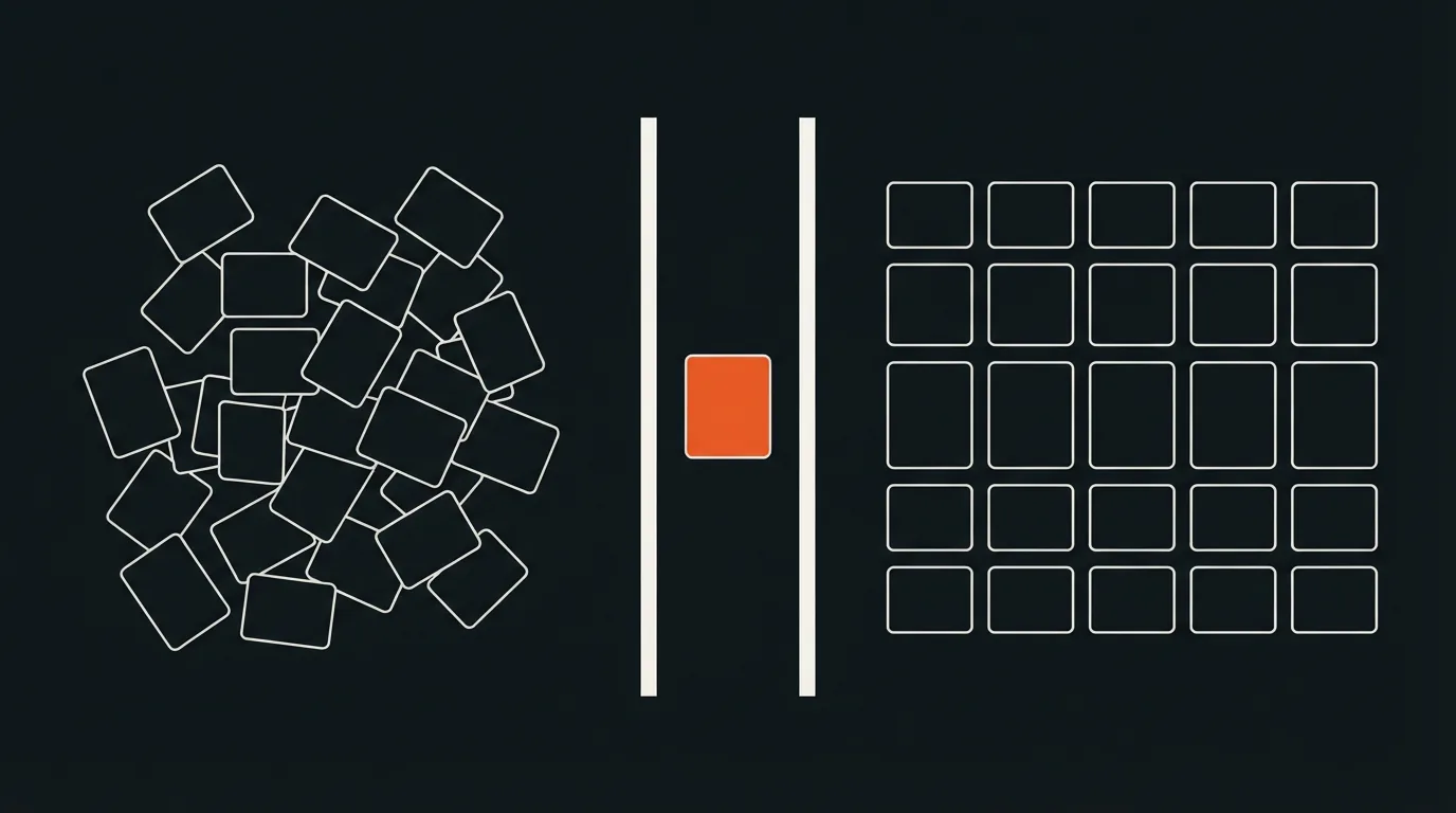 A messy product catalog passing a review gate into an ordered grid, with one listing held back