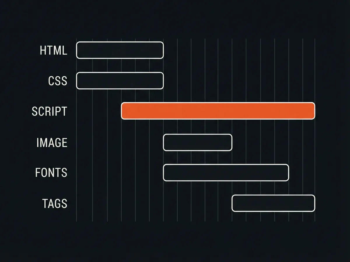 Page load waterfall where a long render-blocking script outlasts the image, fonts and tags